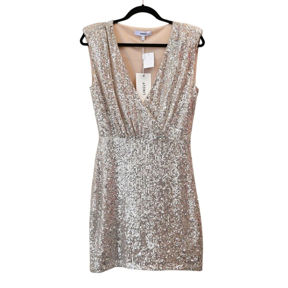 Likely Brienne Beige Mesh Silver Sequin Embellished Mini Party Dress Size 6